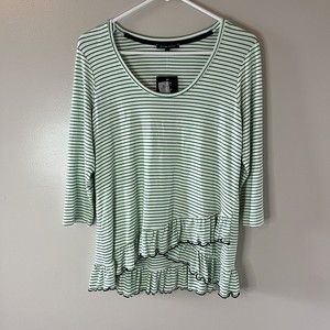 Jeanne Pierre Womens 3/4 Sleeve Top Green Stripe Ruffle Tunic Sz Small N…